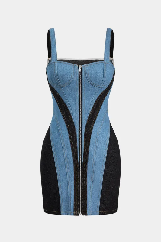Kontrast denim patchwork lynlås bustier kjole sold by Micas