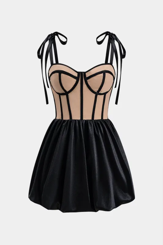 Satin Mesh Patchwork Ruched Tie Up Zipper Bustier Corset Mini Dress sold by Micas