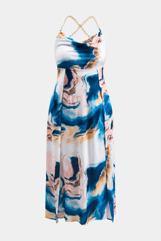 Plus størrelse slips farvestof print satin metal kæde ruched rygfri maxi kjole sold by Micas