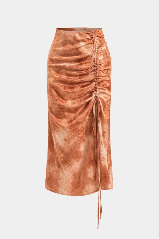 Bind farvestofprint satin -trækspids spalte nederdel sold by Micas