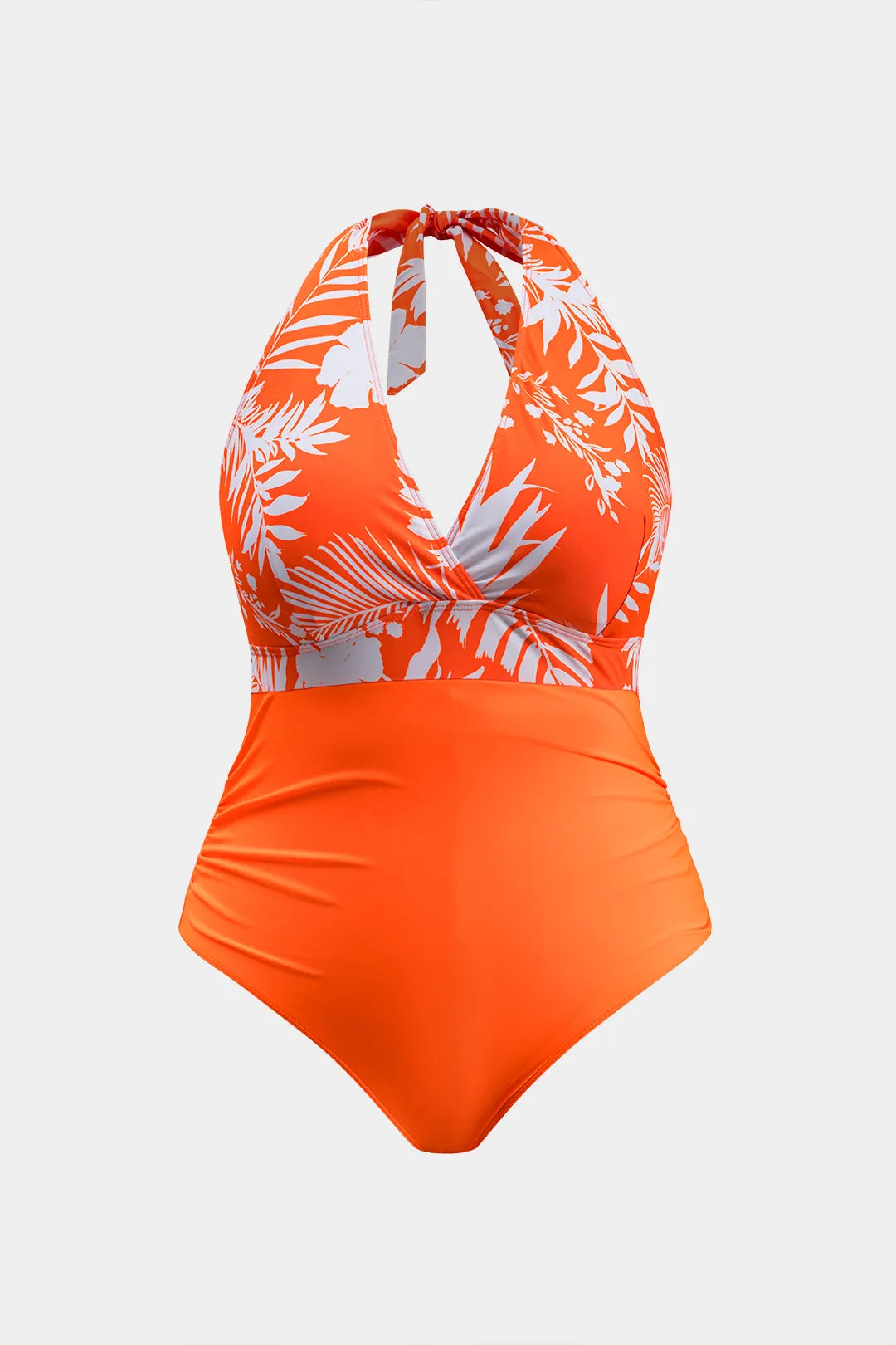 Plus størrelse blade print patchwork ruched bind bagløs mave kontrol i ét stykke badedragt sold by Micas