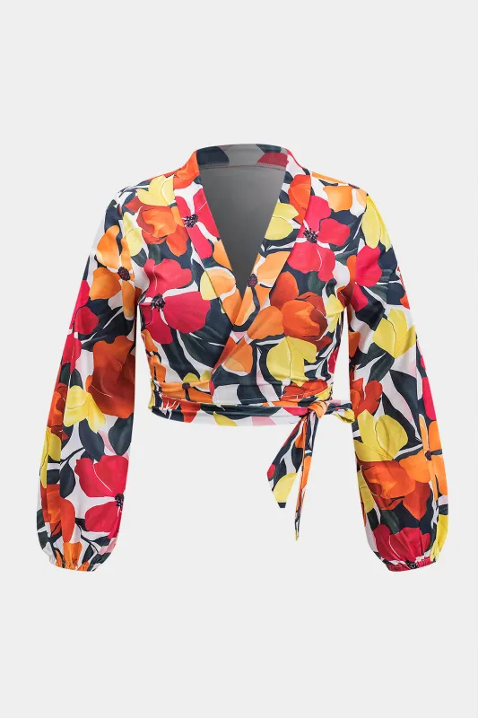 Plus størrelse blomsterprint Ruched krydsede slips foran langærmet skjorte sold by Micas