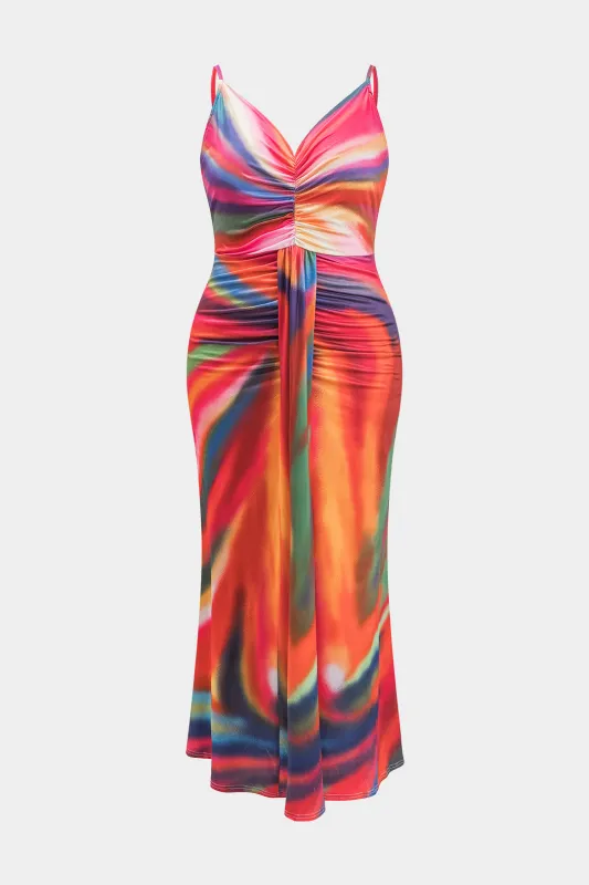 Plus størrelse slips farvestof print ruched slip maxi kjole sold by Micas