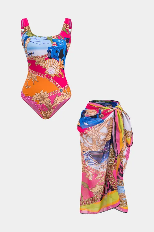 Tropisk tegneserie Chiffon Tummy Control Badetøj og Tie Front Cover Up Set sold by Micas