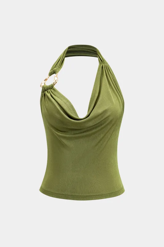 Metallisk ruched rygfri cowl halstank top sold by Micas