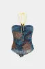 Abstract Print Mesh Ruched Beaded DrawString Cami Top sold by Micas