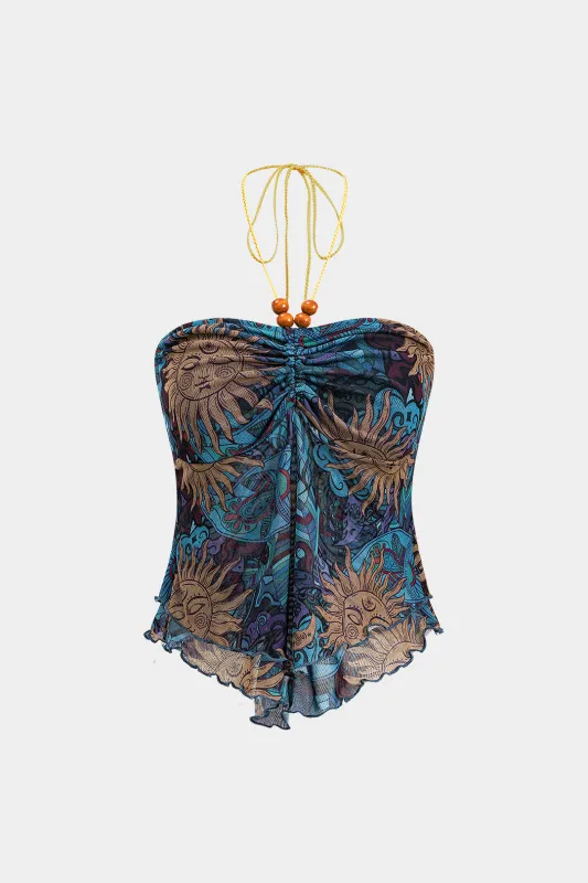 Abstract Print Mesh Ruched Beaded DrawString Cami Top sold by Micas