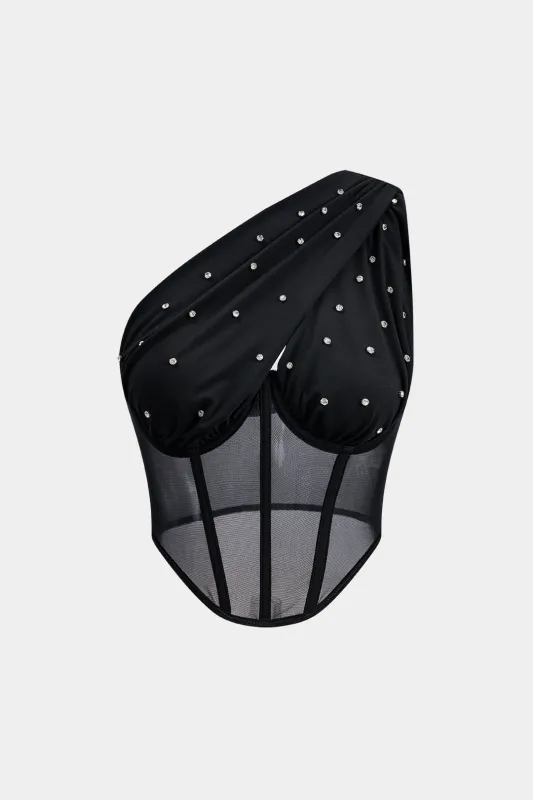 Mesh Rhinestone Sheer Ruched Bustier Corset Tank Top sold by Micas