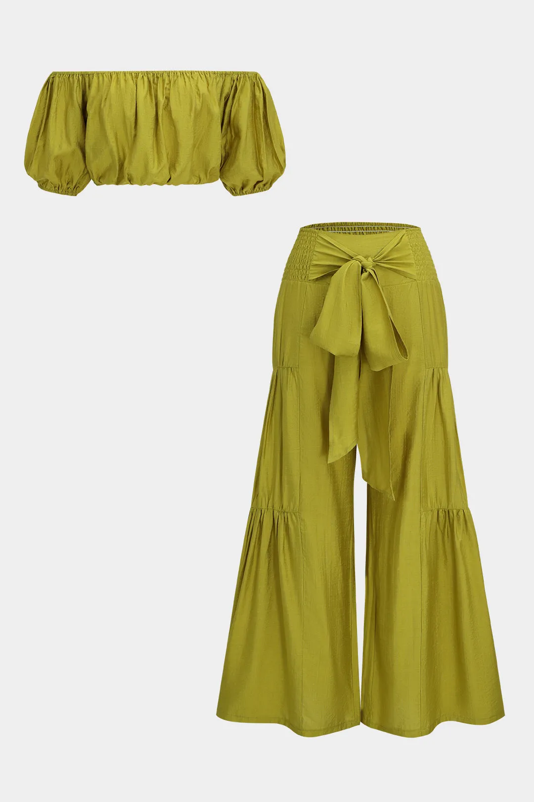 Ruched kort ærme top og slips front blussede benbukser sæt sold by Micas