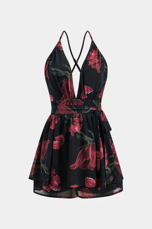 Blomsterprint Ruched Tie Knot Zipper Slip Mini Dress sold by Micas