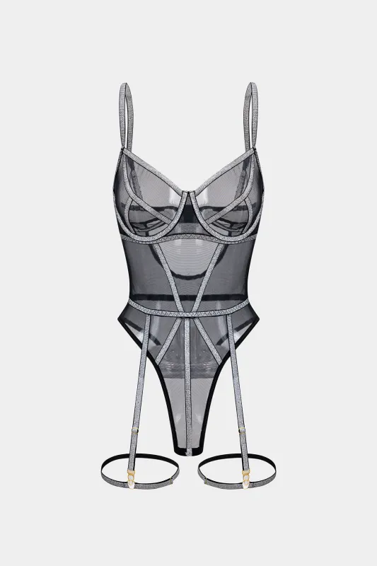 Mesh Sheer Patchwork Bustier Lingerie Garter Set sold by Micas