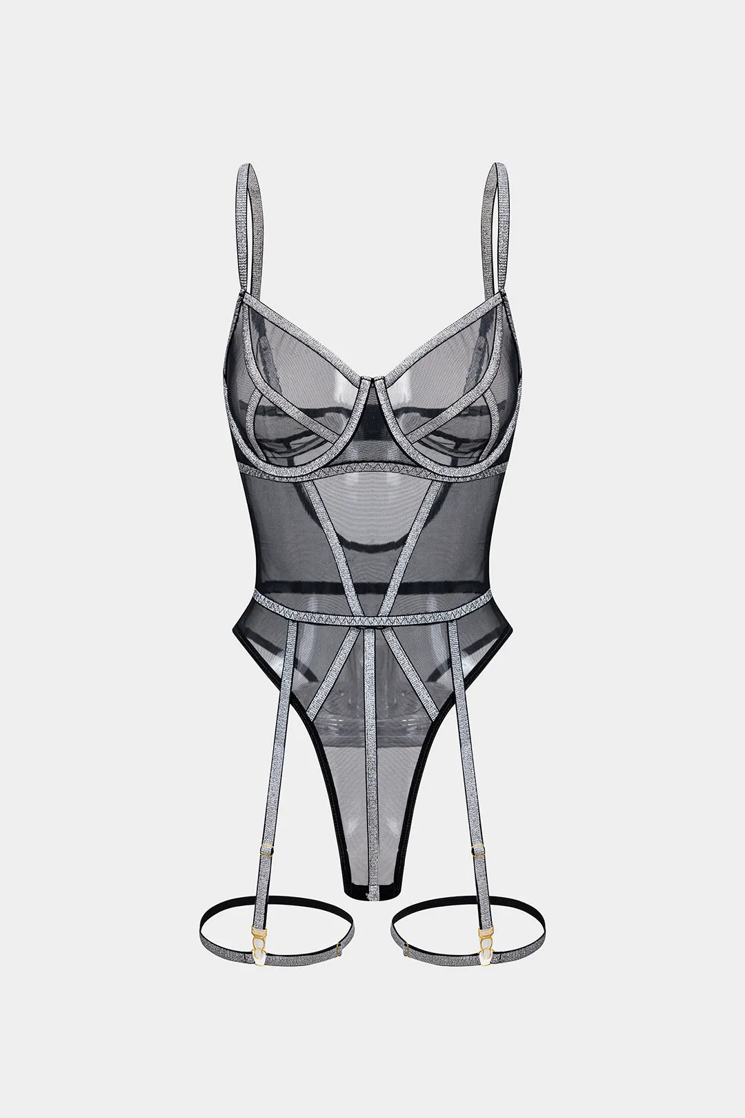 Mesh Sheer Patchwork Bustier Lingerie Garter Set sold by Micas