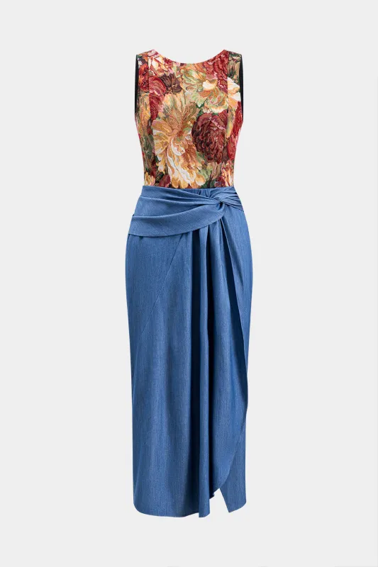 Jacquard denim patchwork twist knude rygfri lynlås ærmeløs mini kjole sold by Micas