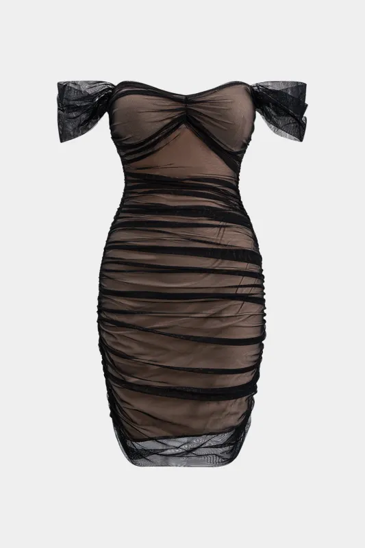 Mesh Ruched Off Shoulder Mini Dress sold by Micas