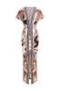 Geometriske blade Print Ruched Short Sleeve Slit Midi Dress sold by Micas