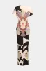 Geometriske blade Print Ruched Short Sleeve Slit Midi Dress sold by Micas