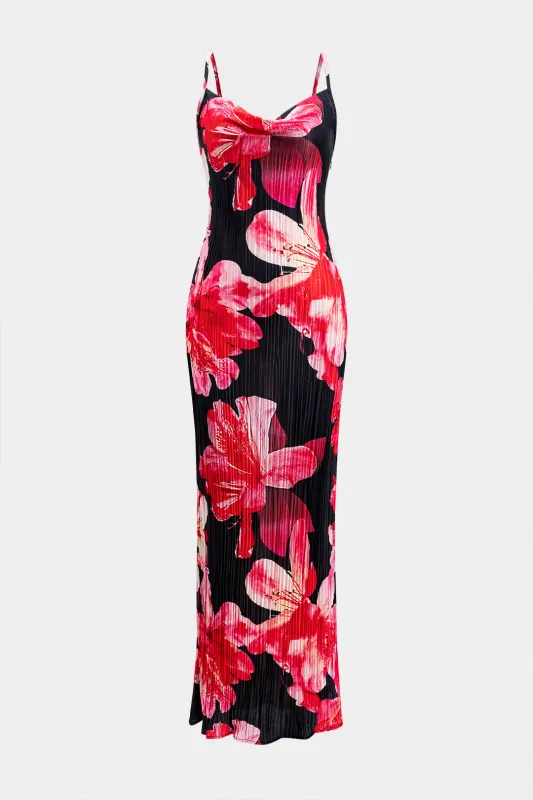 Blomsterprint satin plisseret slip maxi kjole sold by Micas