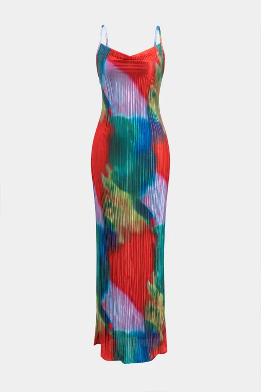 Kontrastprint satin plisseret slip maxi kjole sold by Micas