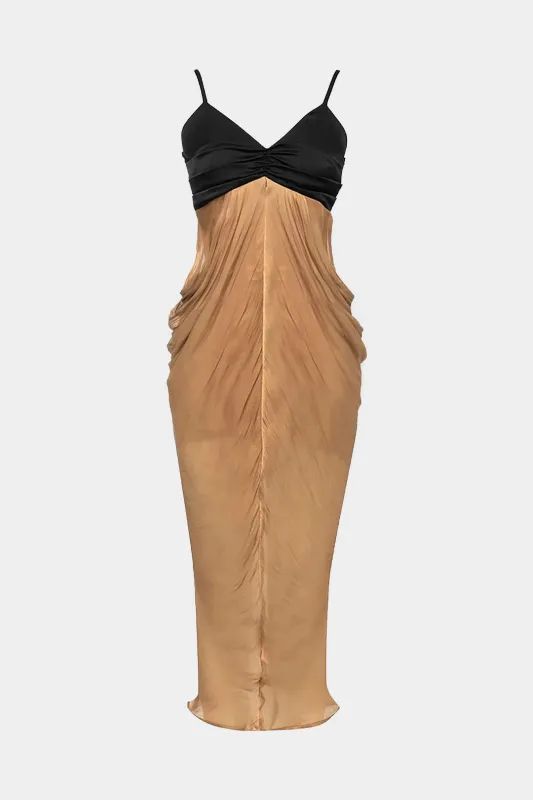 Contrast Chiffon Ruched Patchwork Zipper Slip Maxi Dress sold by Micas