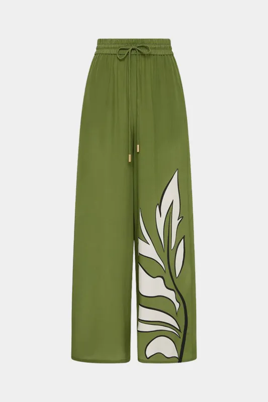 Leaves Print Ruched Tie Front Wide Leg Trousers sold by Micas