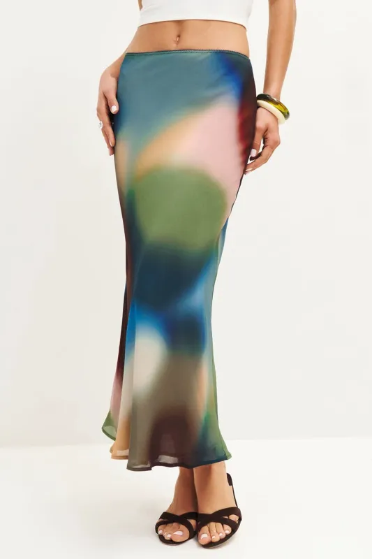 Watercolor Print Satin Low Waist Skirt sold by Micas