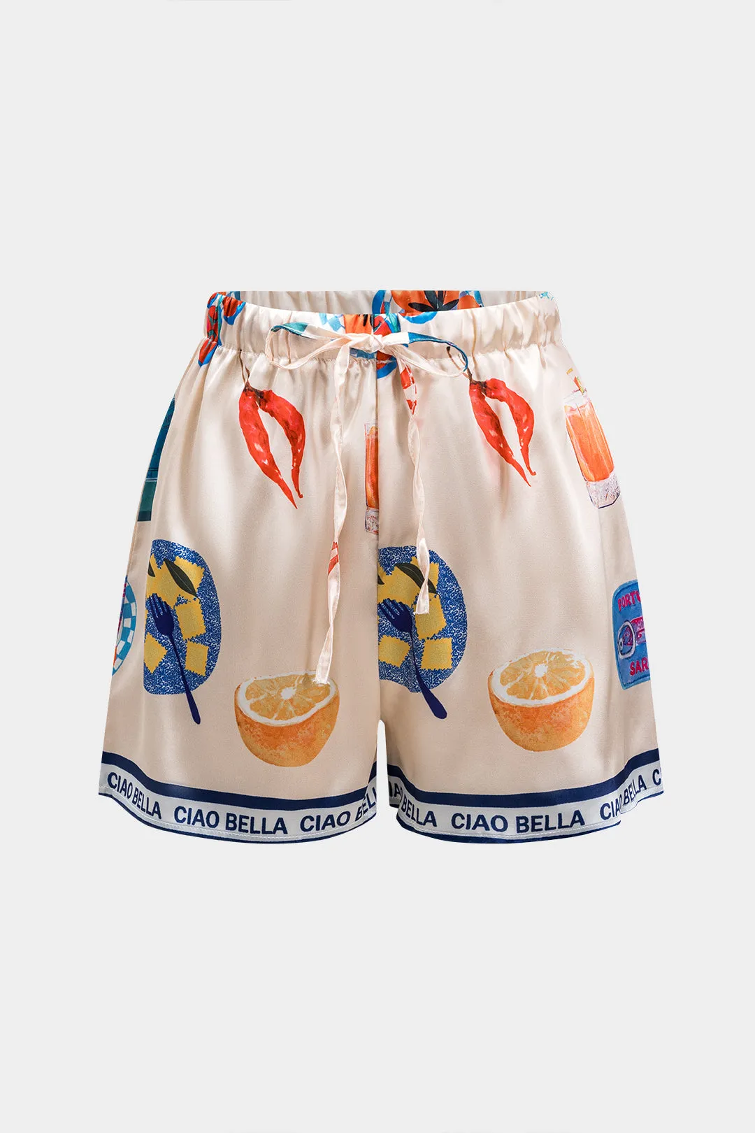 Fruit Cartoon Print Satin Button Shirt And Ruched Tie Front Shorts Set sold by Micas product image thumbnail 5