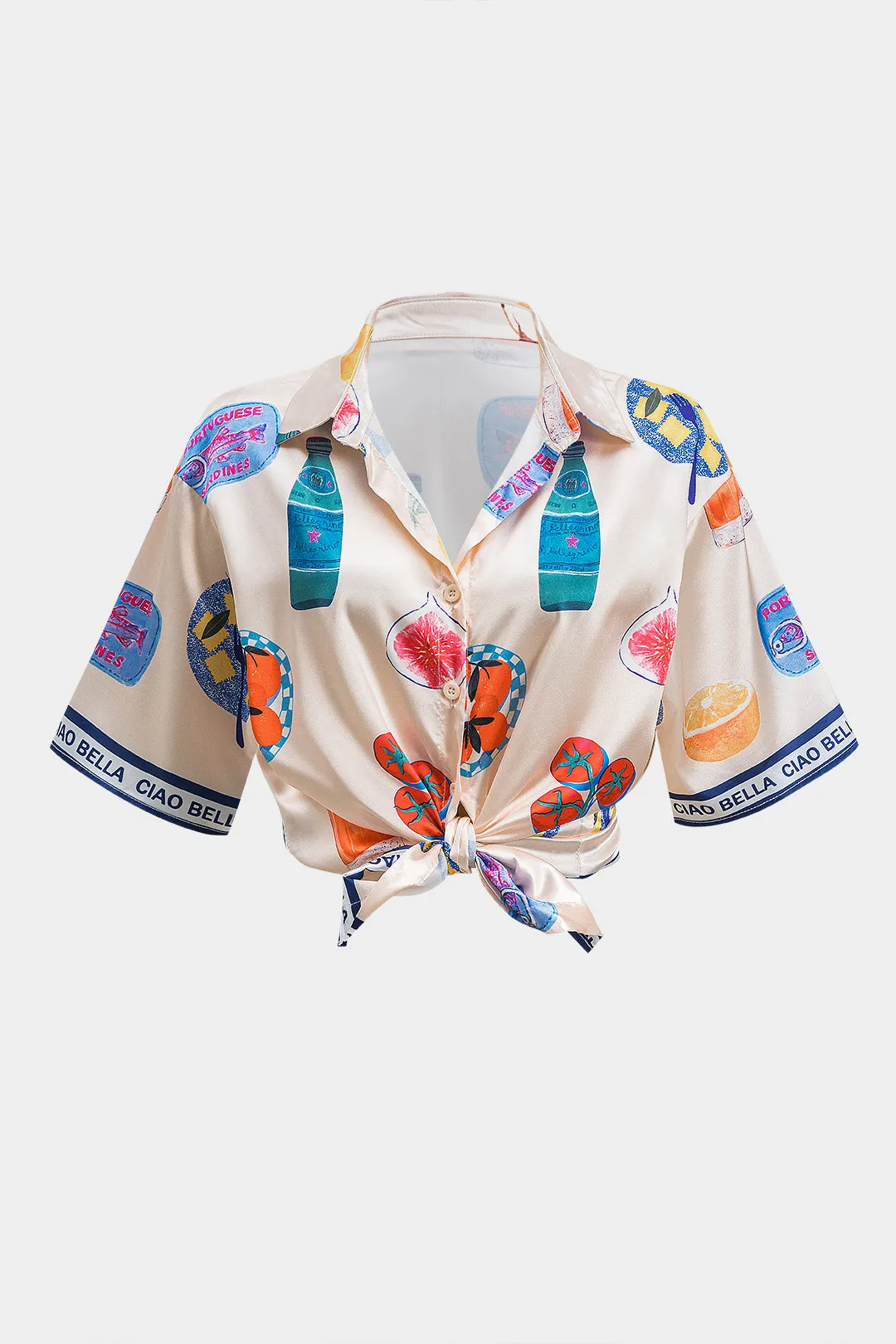 Fruit Cartoon Print Satin Button Shirt And Ruched Tie Front Shorts Set sold by Micas product image thumbnail 2