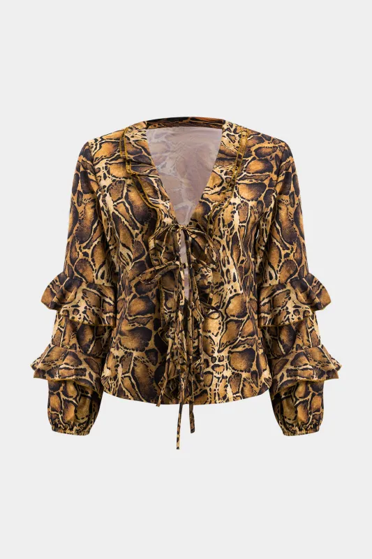 Leopard Print Ruffle Tie Front Longærme skjorte sold by Micas