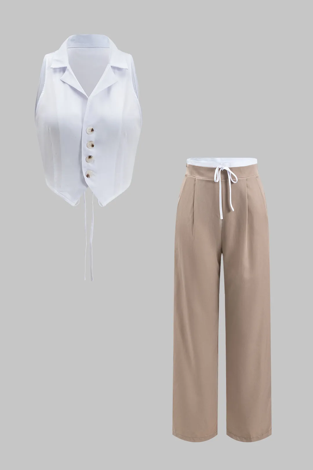 Plisset bånd tilbage knap ærmeløs top og slips front patchwork brede ben bukser sæt sold by Micas