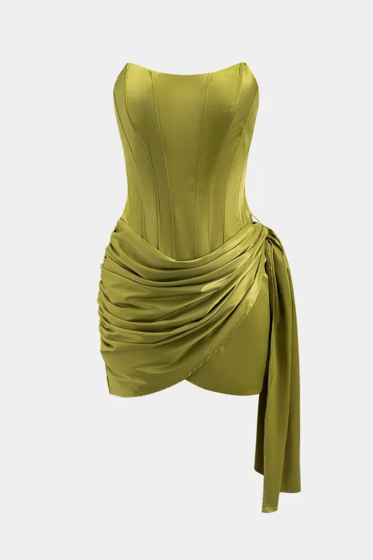 Satin Ruched Tie Front Zipper Corset Strapless Mini Dress sold by Micas