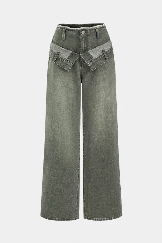 Denim Patchwork Button Wide Leg Trousers sold by Micas