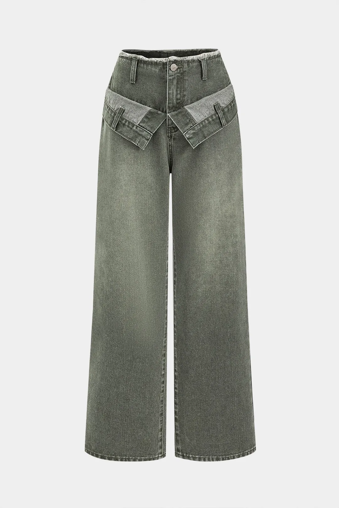 Denim Patchwork Button Wide Leg Trousers sold by Micas