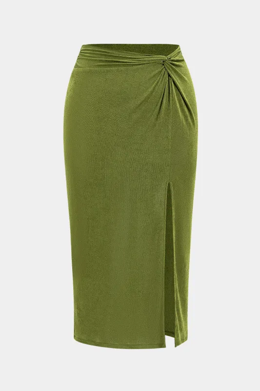 Plus størrelse ruched twist knude spalte nederdel sold by Micas