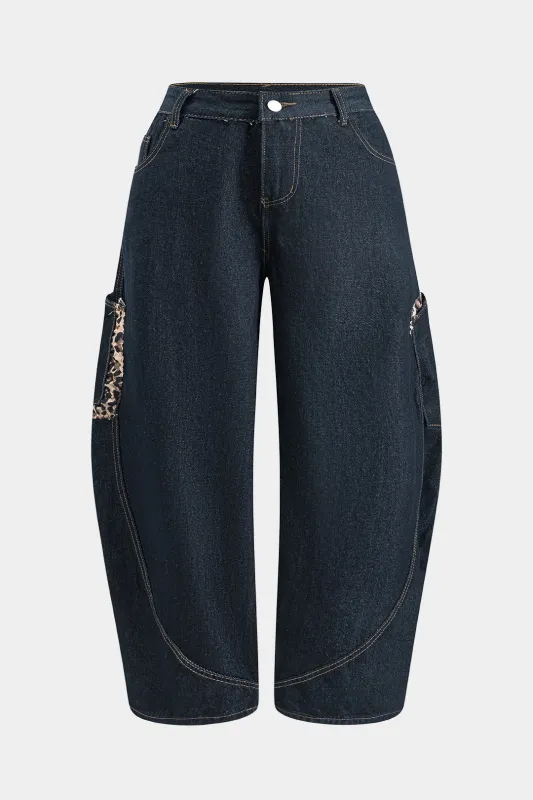 Plus størrelse leopard print denim patchwork knap lomme bred ben tønde jeans sold by Micas