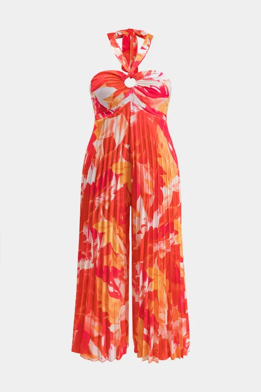 Plus størrelse blomsterprint plisseret rygfri udskåret bind bredt ben jumpsuit sold by Micas
