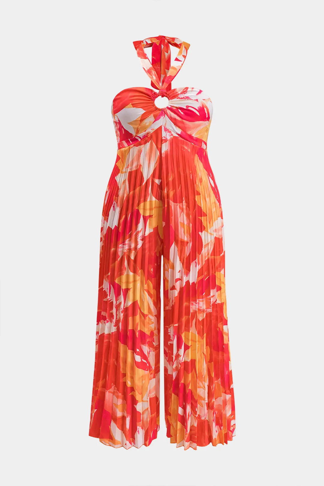 Plus størrelse blomsterprint plisseret rygfri udskåret bind bredt ben jumpsuit sold by Micas