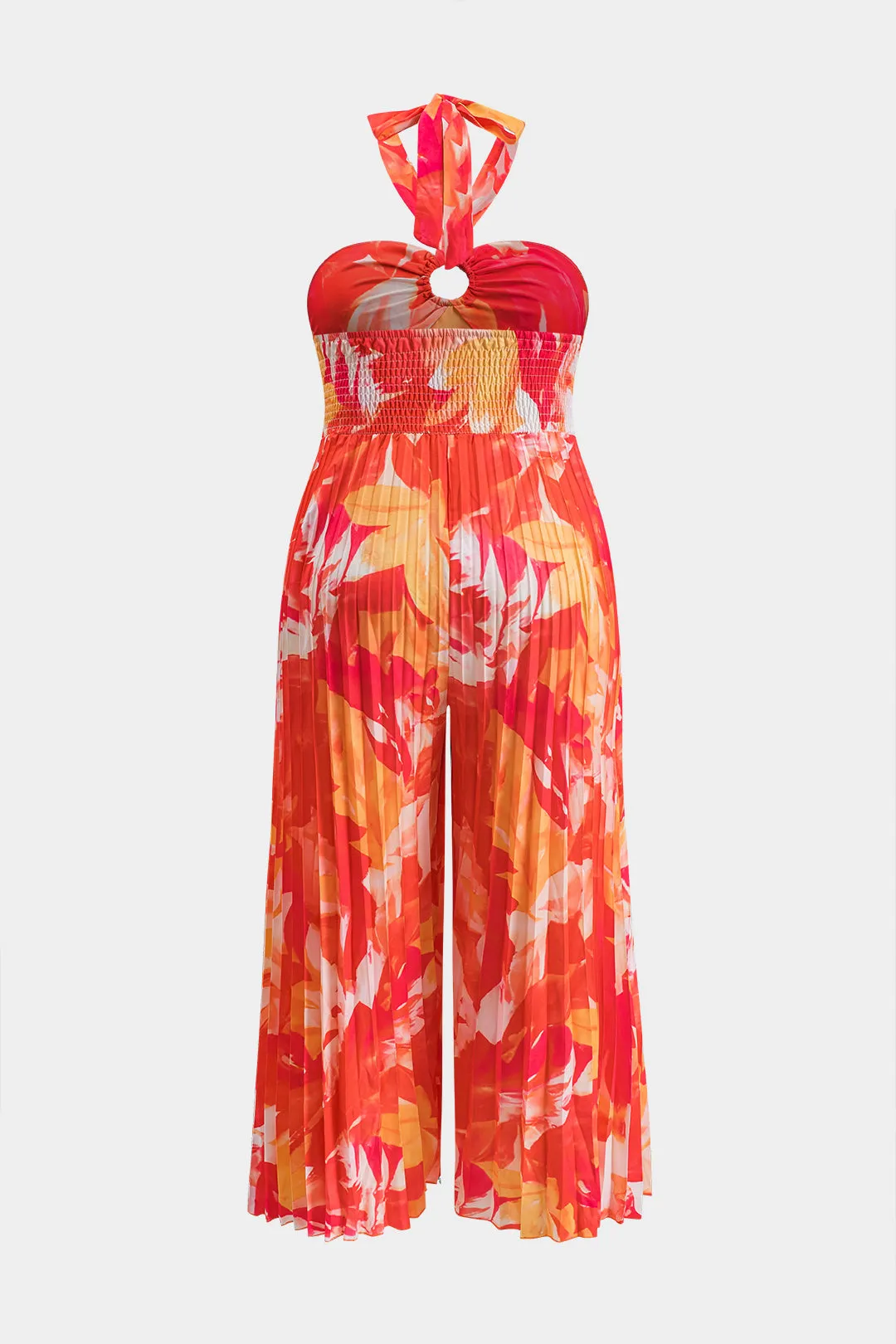 Plus størrelse blomsterprint plisseret rygfri udskåret bind bredt ben jumpsuit sold by Micas product image thumbnail 2