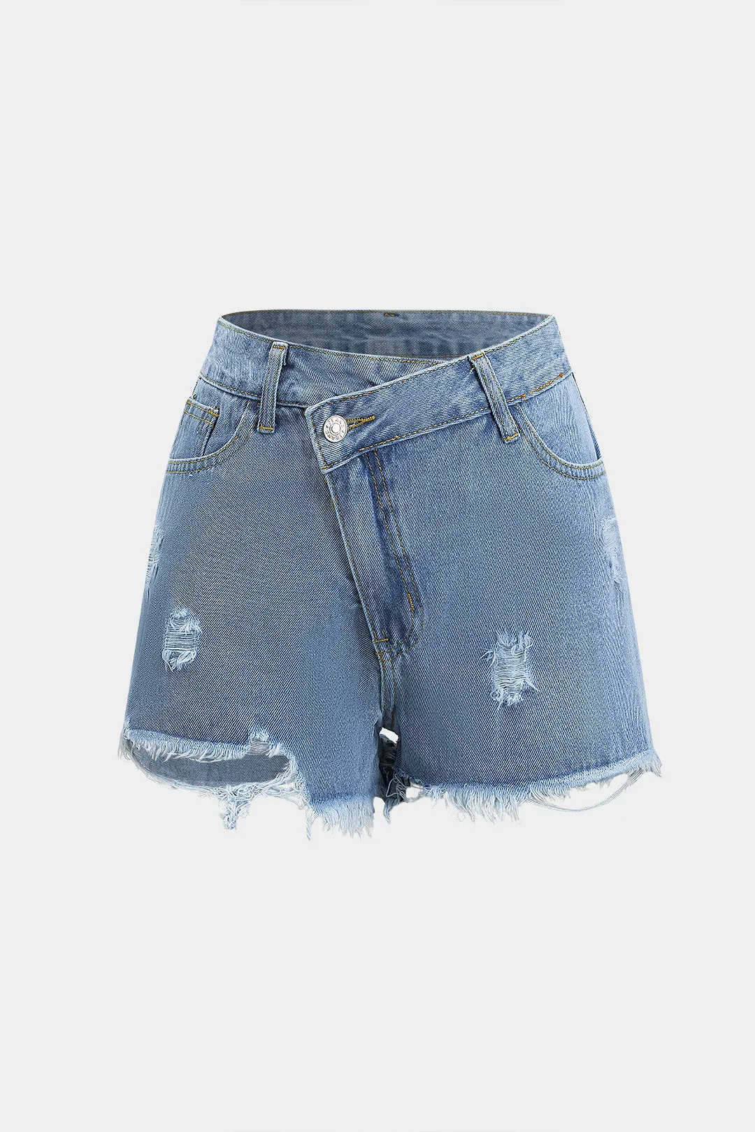 Denim rippet asymmetrisk knaphorts sold by Micas