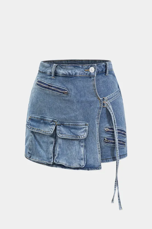 Denim Button Tie Knot Flap Pocket Zipper Shorts sold by Micas