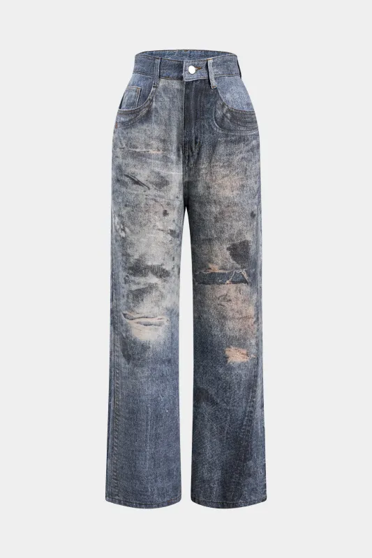 Abstrakt print denim -knap Lommevaskede jeans sold by Micas
