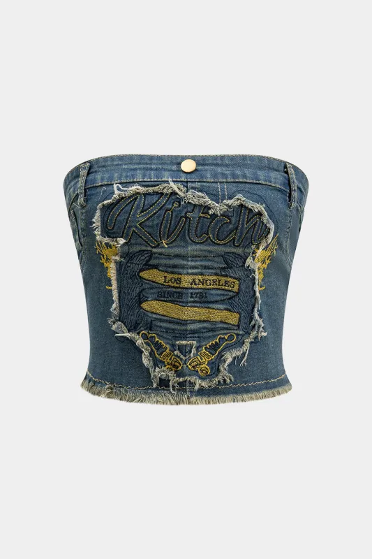 Denimbrev broderi lynlås afgrøde tube top sold by Micas