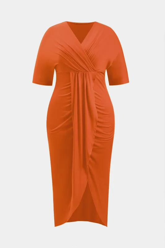 Plus Size Ruched Crossed Short Sleeve Midi Dress sold by Micas
