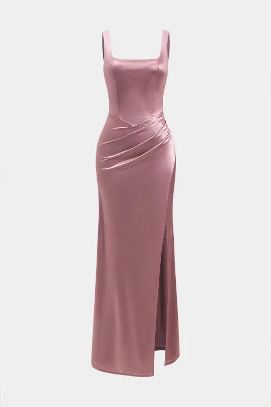 Satin ruched lynlås spalte maxi kjole sold by Micas
