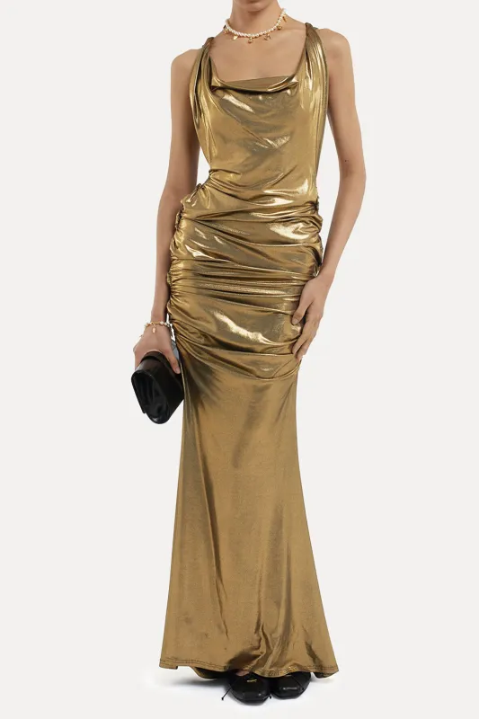 Ruched Draped Cowl Neck Sleeveless Maxi Dress sold by Micas