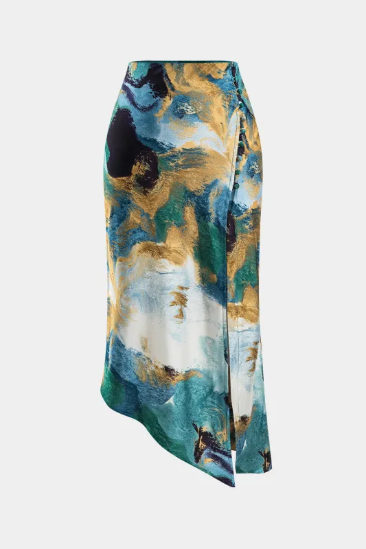 Abstract Print Asymmetrical Button Slit Skirt sold by Micas