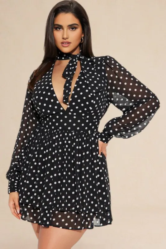 Plus Size Polka Dot Print Chiffon Ruched Tie Up Cut Out V-neck Mini Dress sold by Micas