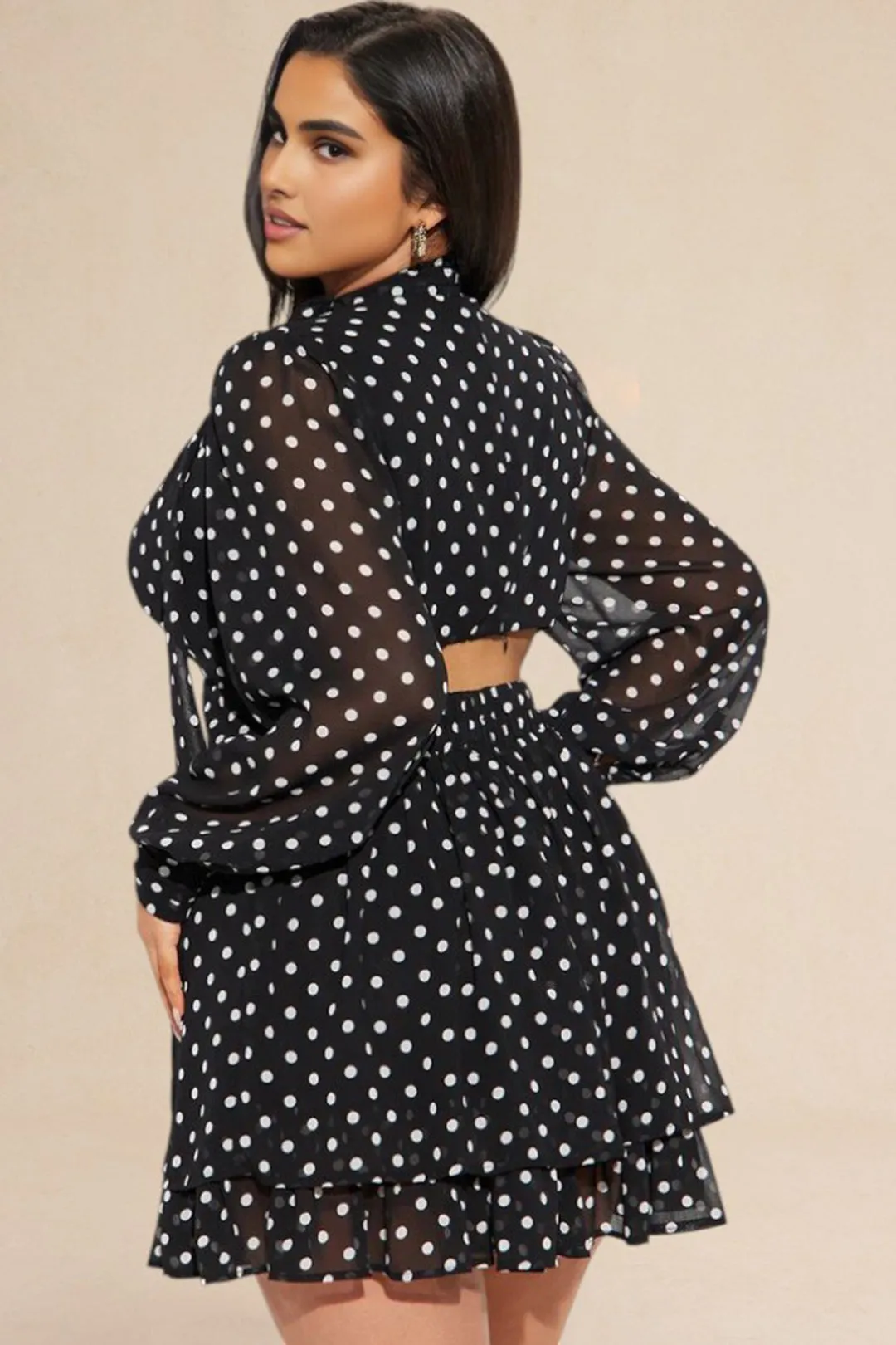 Plus Size Polka Dot Print Chiffon Ruched Tie Up Cut Out V-neck Mini Dress sold by Micas product image thumbnail 2