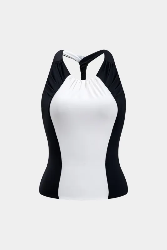 Contrast Ruched Patchwork Twist Knot Tank Top sold by Micas