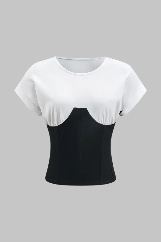 Contrast Ruched Patchwork Short Sleeve T-Shirt sold by Micas