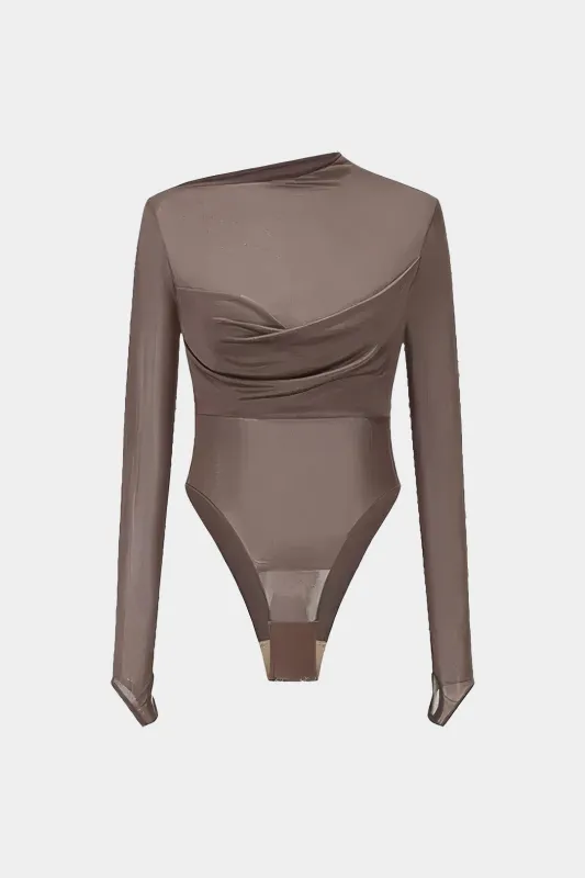 Mesh Ruched Asymmetrical Long Sleeve Bodysuit sold by Micas